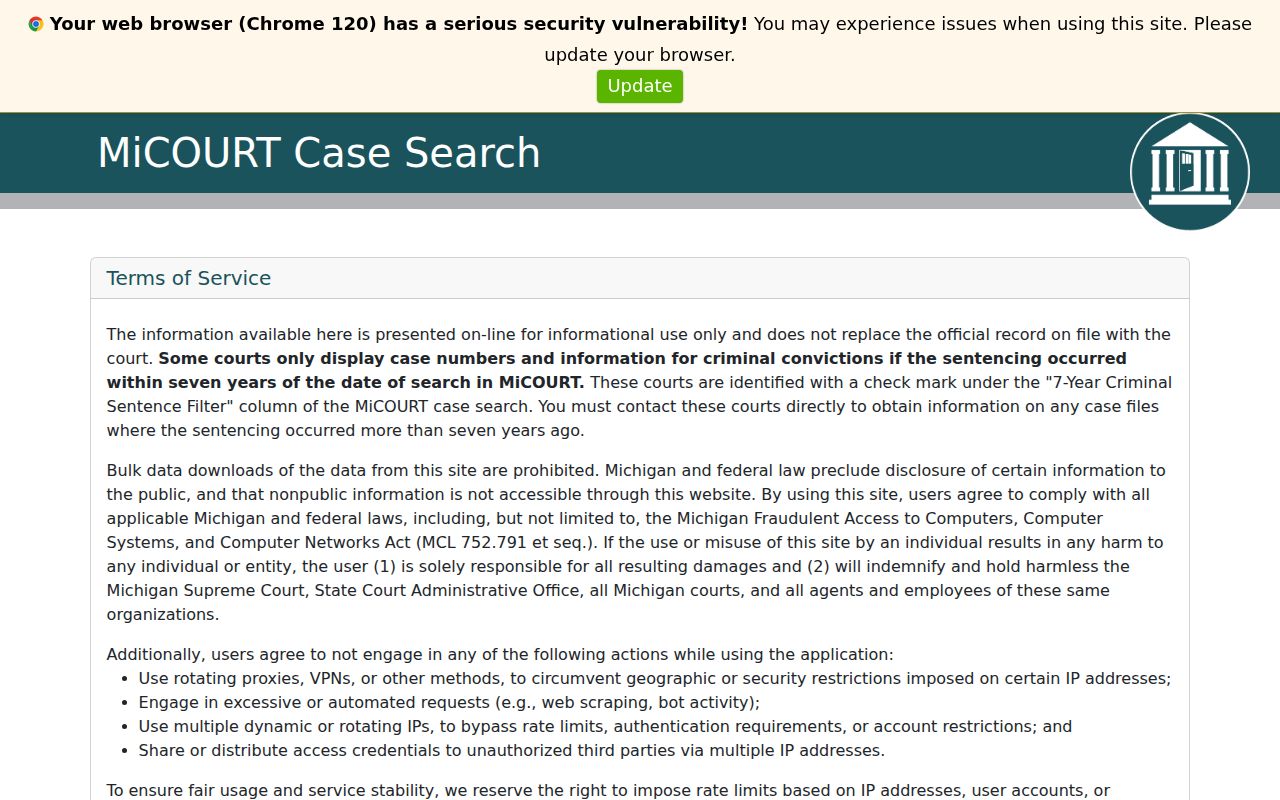 MiCOURT case search landing page used for Iosco County warrant checks