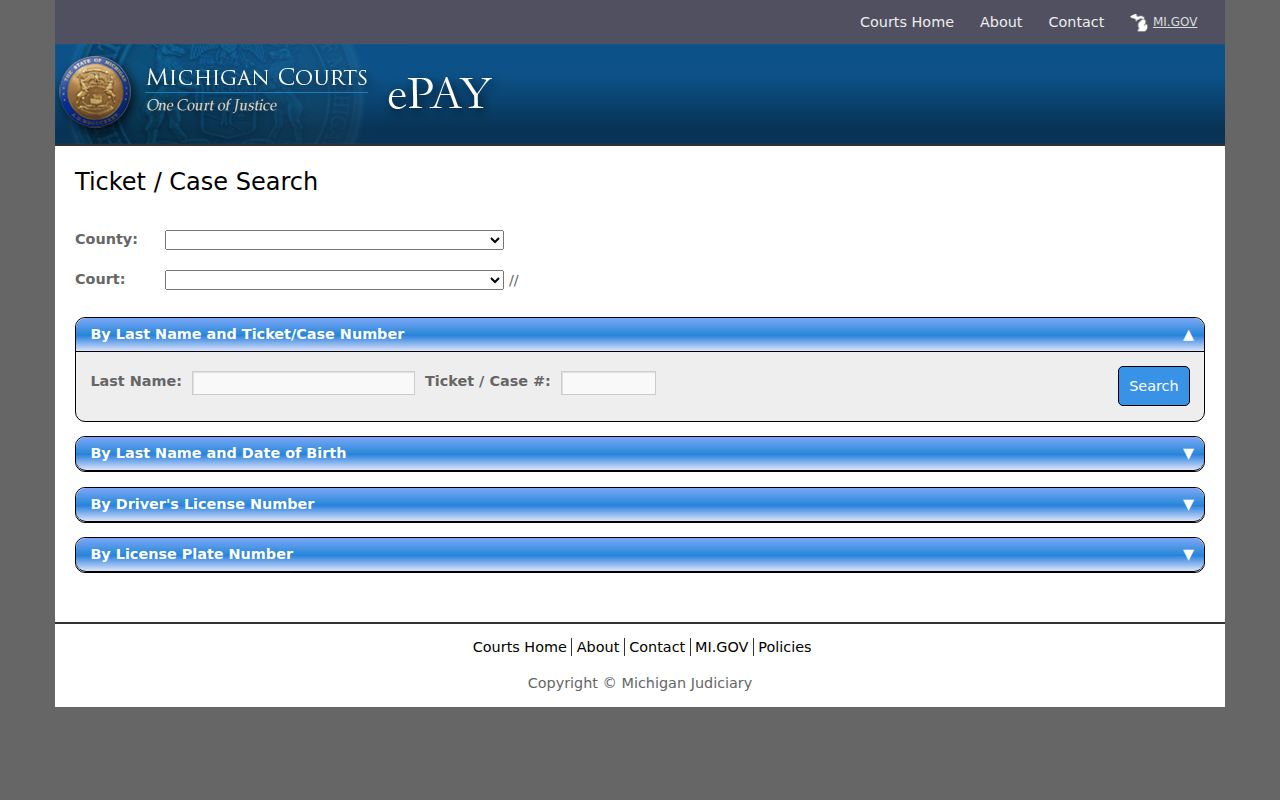 Michigan ticket and case search fields used for Iosco County traffic warrant checks