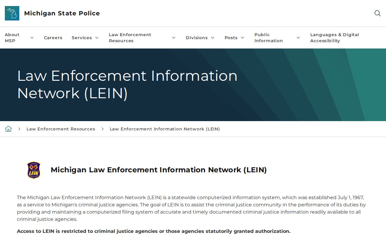 Michigan LEIN restricted access notice relevant to Iosco County active warrant searches
