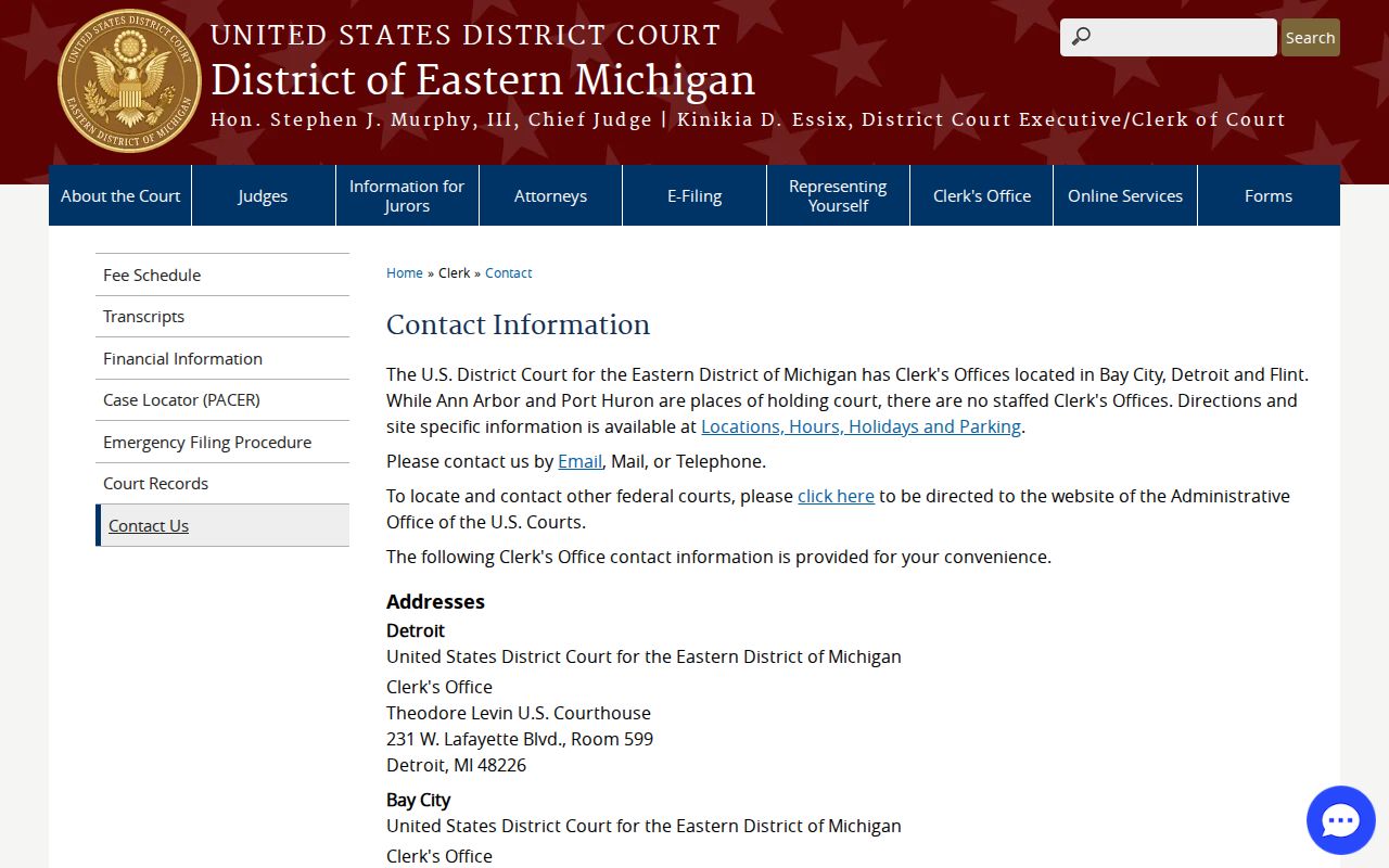 Federal court Bay City contact page relevant to Iosco County arrest warrant lookups