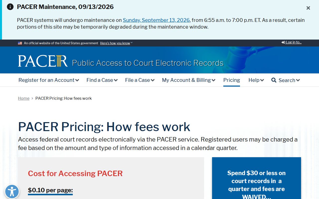 PACER fee page for federal case access outside Iosco County arrest warrant records